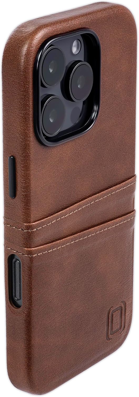 Dockem Card Case for iPhone 16 Pro with Built-in Metal Plate for Magnetic Mounting & 2 Card Holder Pockets: M2 Exec Premium Synthetic Leather Wallet Case (Brown)