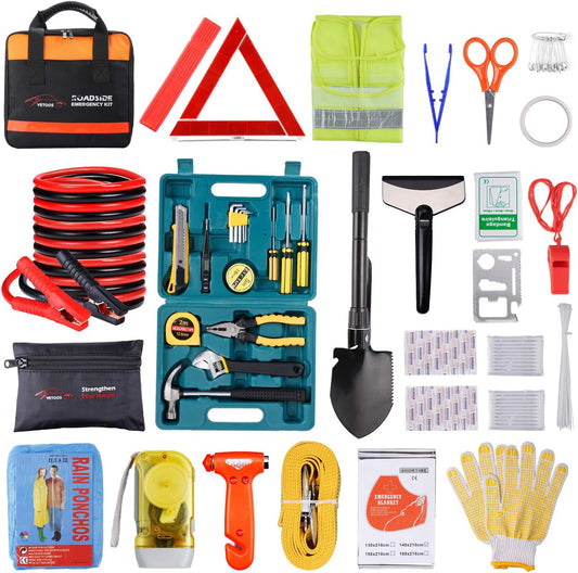 Vetoos Car Roadside Emergency Kit with Jumper Cables, Auto Vehicle Safety Road Side Assistance Kits, Winter Car Kit Essentials for Women and Men, with Car Repair Tool Set, Folding Survival Shovel