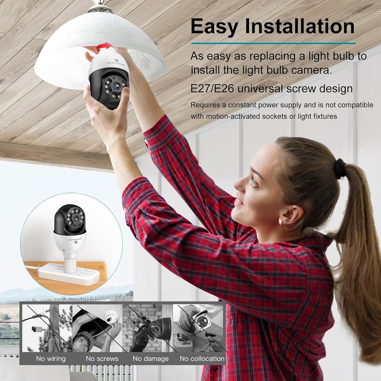 SYMYNELEC 5GHz/2.4GHz Light Bulb Security Camera Outdoor Waterproof 2.5K, Dual-Band WiFi Light Socket Security Camera with AI Human Motion Detection Tracking 4MP Color Night Vision Siren Alarm Alexa