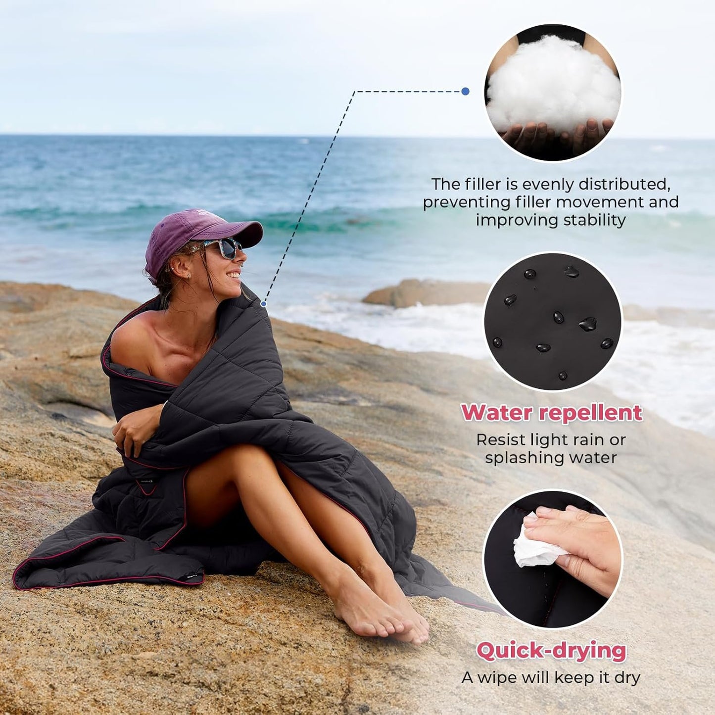 KingCamp Black Packable Lightweight Travel Down Alternative Warm Camping Blanket, Compact Outdoor Water Repellent Blanket for Airplane, Hiking, Backpacking, Stadium, Park