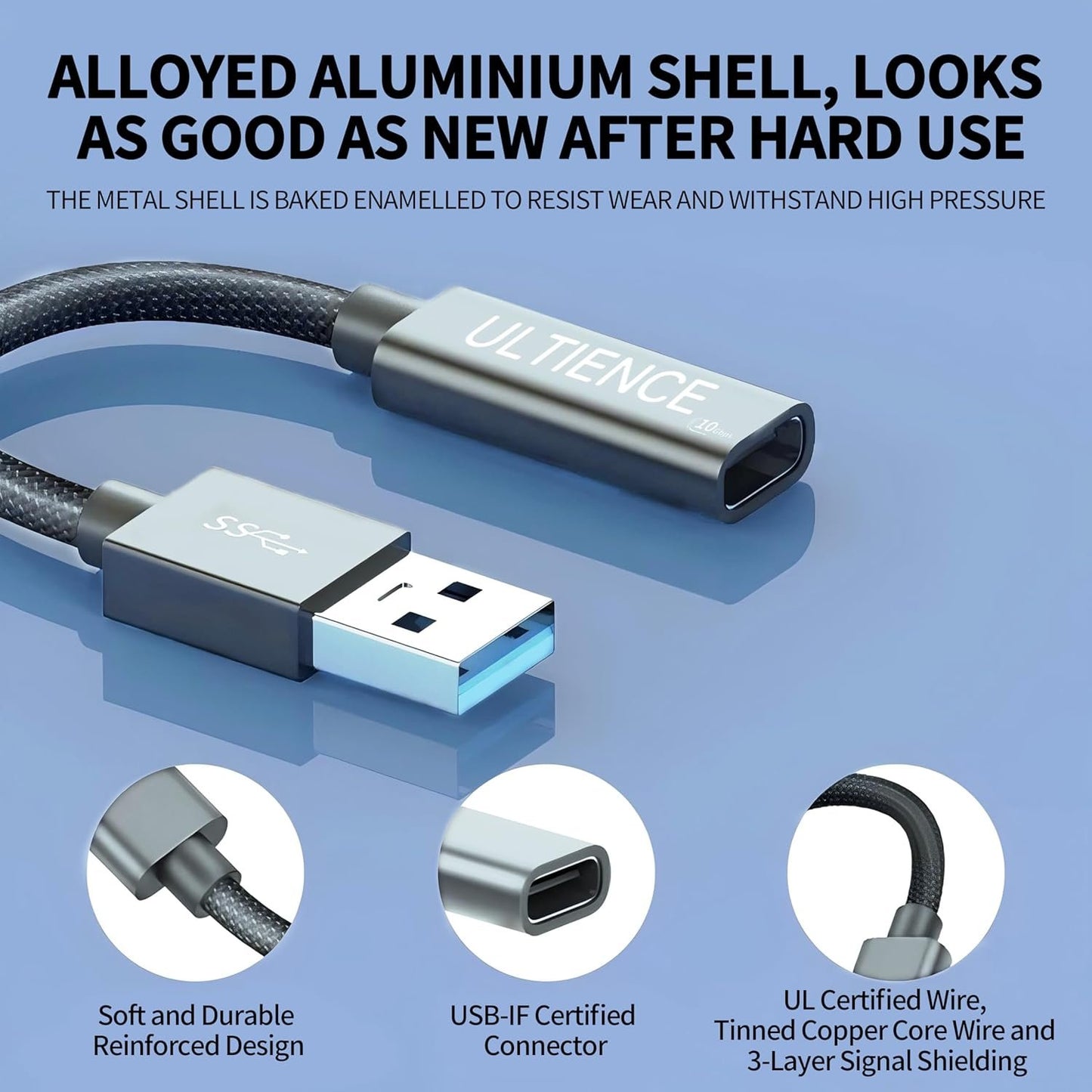 ULTIENCE USB-A to USB-C Cable Adapter [10Gbps] – High-Speed USB 3.2 Converter with 10Gbps Data Transfer & 60W Fast Charging, Compatible with Laptops, PCs, Flash Drives (0.5 m, Grey)