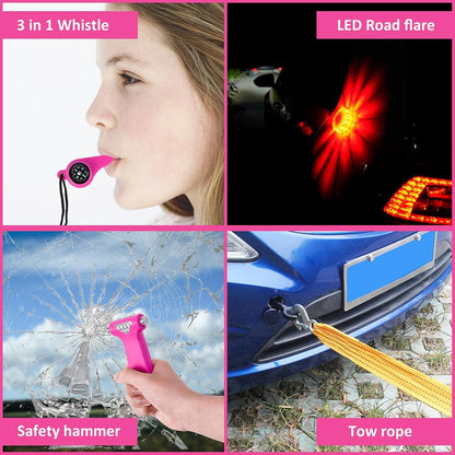 HLWDFLZ Pink Car Emergency Kit, Jumper Cable, Tow Rope, LED Road Flare, Deer Whistles & More Women's Safety Tools