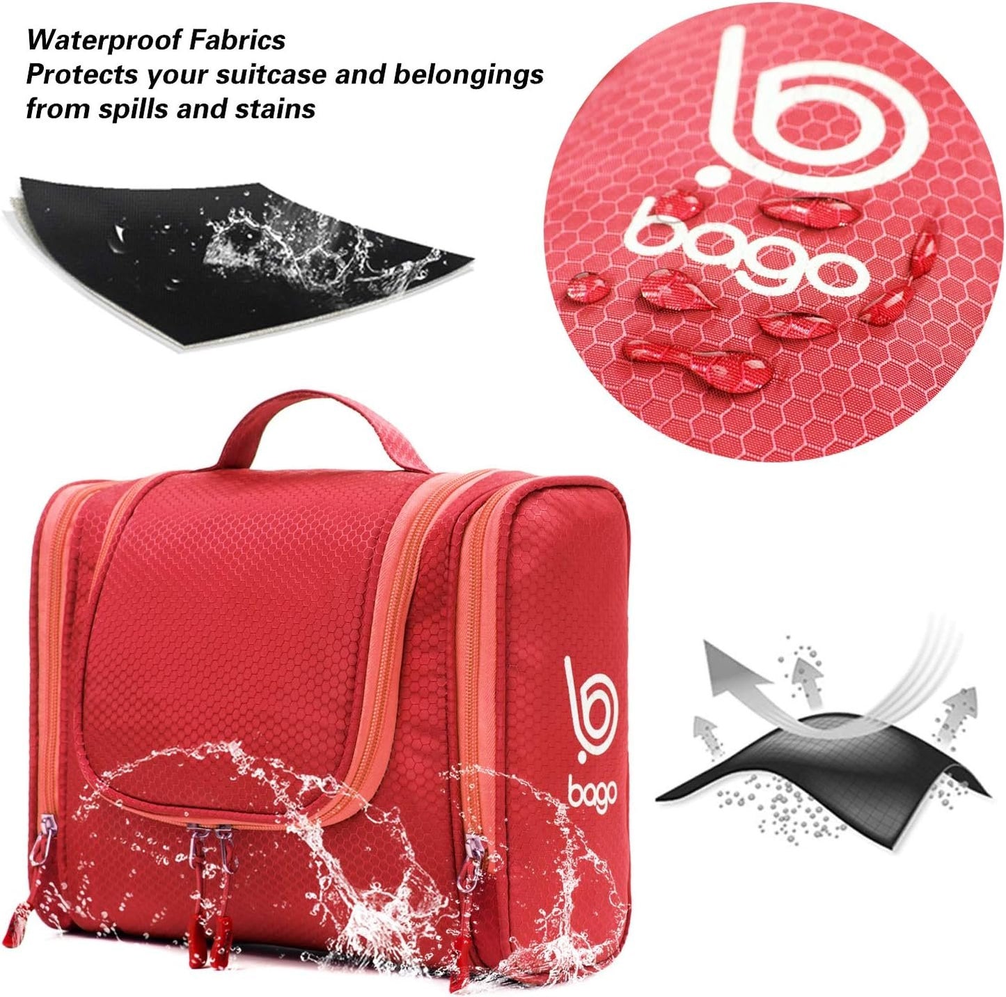 Bago Travel Toiletry Bag for Women and Men - Large Waterproof Hanging Large Toiletry Bag for Bathroom and Travel Bag for Toiletries Organizer -Travel Makeup Bag (Red)