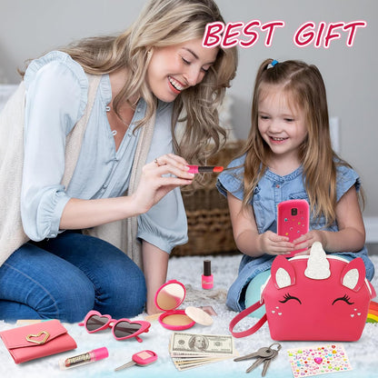 Toddler Purse for Little Girls 3-5 with Pretend Makeup Kit | Unicorn Kids Purse Accessories Play Fake Make up Set | Birthday Gifts for 4-6 Year Old Princess Toys