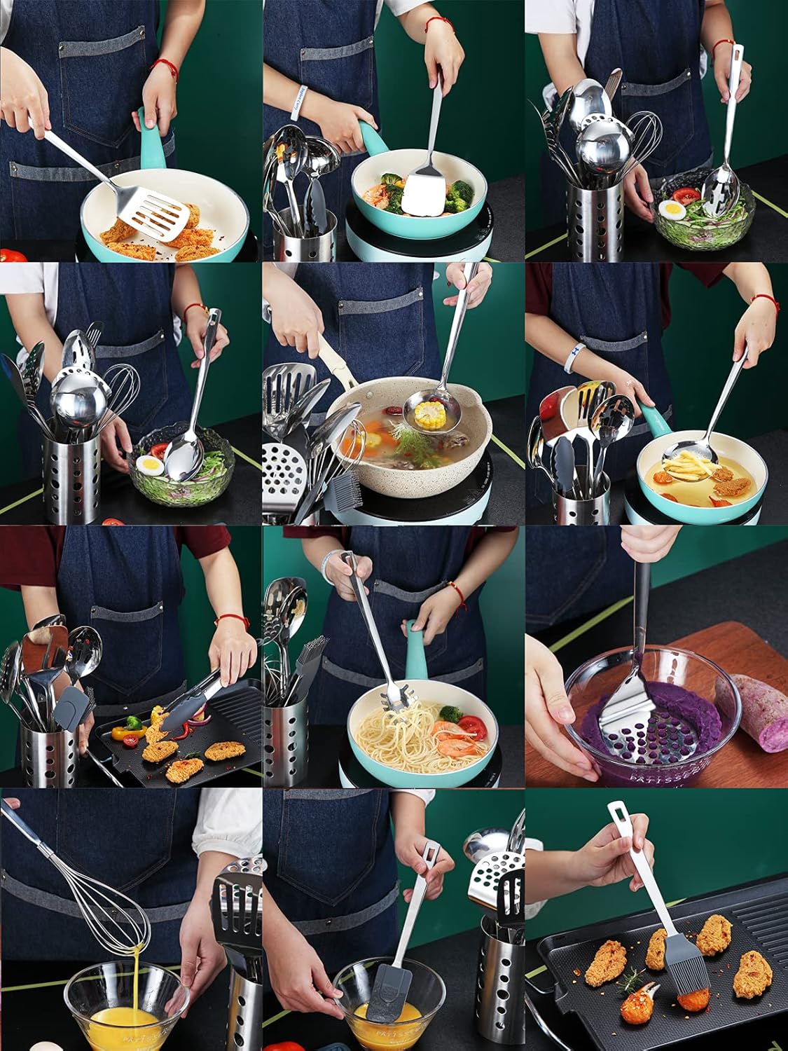 Kyraton Stainless Steel Cooking Utensils Set, 37 Pieces Kitchen Utensils Set, Kitchen Tool Gadgets Set with Utensil Holder Non-Stick and Heat Resistant Dishwasher Safe