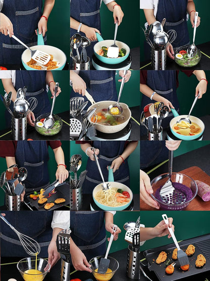 Kyraton Stainless Steel Cooking Utensils Set, 37 Pieces Kitchen Utensils Set, Kitchen Tool Gadgets Set with Utensil Holder Non-Stick and Heat Resistant Dishwasher Safe