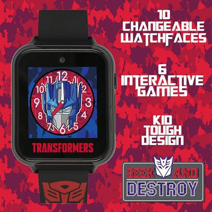 Accutime Transformers Kids Smart Watch with Selfie Camera, 10 Changeable Watch Faces, Pedometer, Playable Games, and More - Fun and Functional Wearable Tech for Boys and Girls, Red, 40mm, Smart Watch