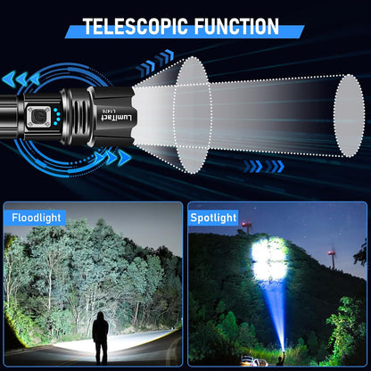 Lumitact LED Torch Rechargeable Flashlight, 30000 Lumens Super Bright Torch Light, USB Powerful Handheld Torches, Waterproof Tactical Flash Light for Emergency Camping Gift
