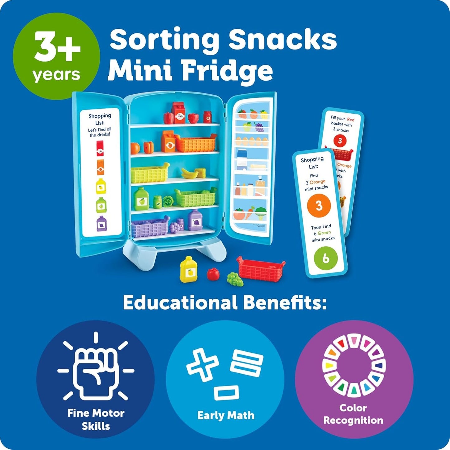 Learning Resources Sorting Snacks Mini Fridge,51 Pieces, Ages 3+, Toddler Toys, Educational Toys, Snack Toys,Plastic Food Toys,Kids Kitchen Accessories