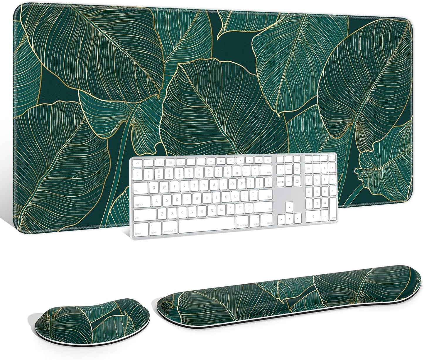 Auhoahsil Large Mouse Pad with Wrist Support Set of 3, Memory Foam Keyboard Rest + XXL Extended Gaming Pad, Ergonomic Desk for Women Men, Teal Beach Palm Tree Leaves, XX-Large