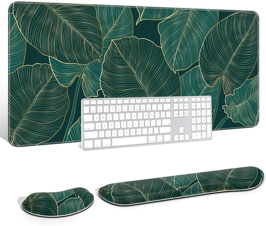 Auhoahsil Large Mouse Pad with Wrist Support Set of 3, Memory Foam Keyboard Rest + XXL Extended Gaming Pad, Ergonomic Desk for Women Men, Teal Beach Palm Tree Leaves, XX-Large