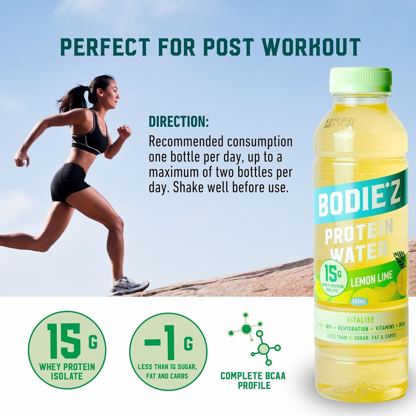 BODIE’Z Vitalise 15g Whey Protein Water - Pre-Mixed Protein Powder Drink, Less than 1g Sugar Fat and Carbs, 11 Vitamins and Minerals, Refreshing Supplement for Post Workout, 500ml Lemon Lime 6 Pack