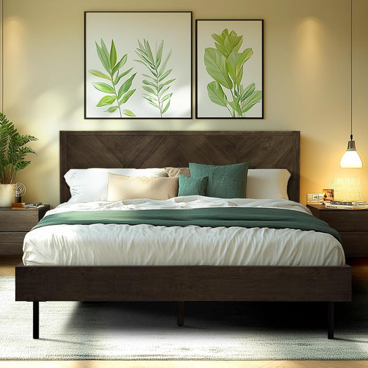 Acacia Alander Queen Solid Wood Bed Frame with Headboard, Scandinavian Signature High Headboard Wood Bed Compatible with All Mattress Types, No Box Spring Needed, Quick & Easy Assembly, Mocha