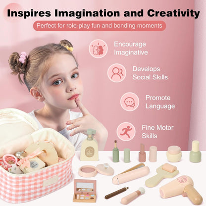 Pithfor Wooden Makeup Toy Set, Pretend Play Makeup Set for Kids Toddlers, Play Beauty Makeup Kit for Girls 3 4 5 6 7 Year Old
