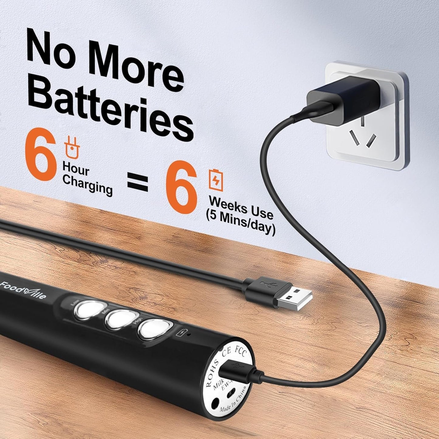 FoodVille MF02 Rechargeable Milk Frother Handheld Foam Maker with Stainless Whisk for Cappuccino, Latte, Bulletproof Coffee, Keto Diet, Protein Powder, Matcha (Black)