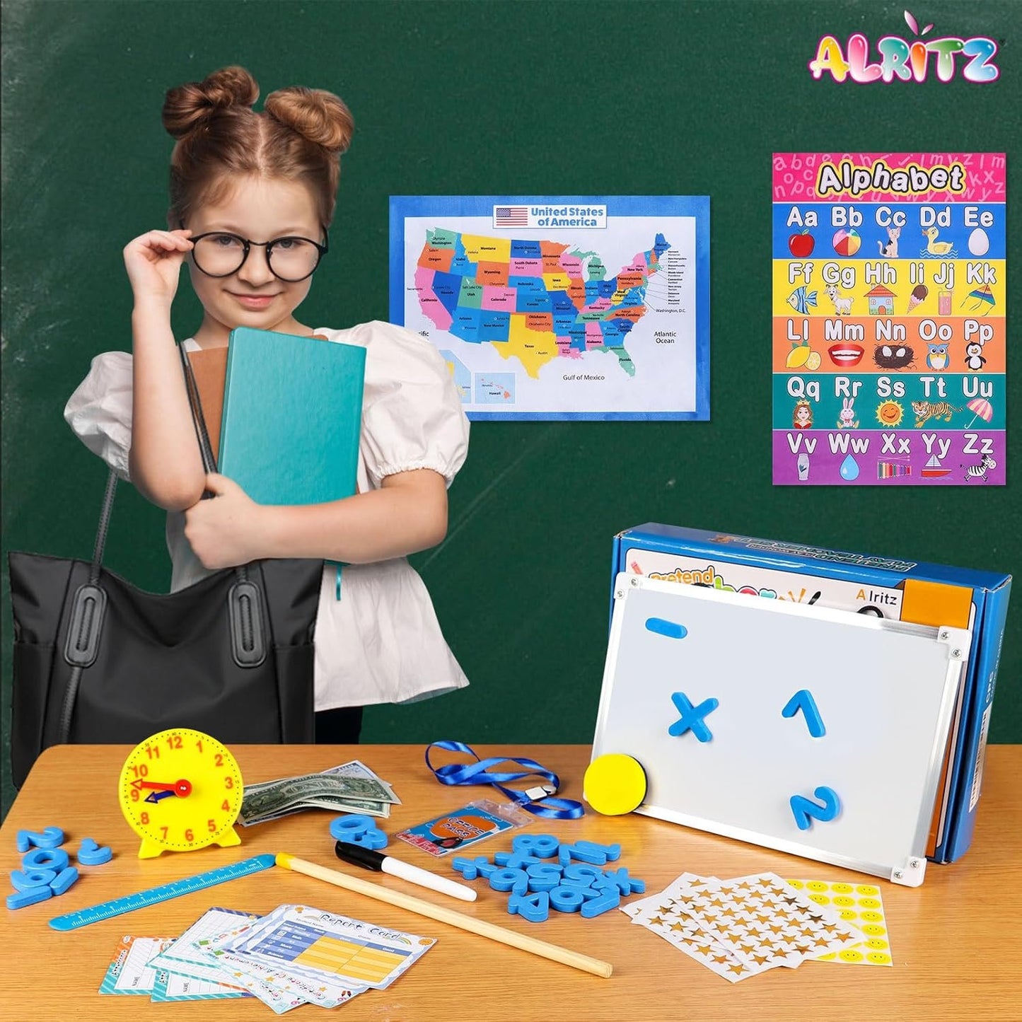 Alritz Pretend Play Teacher Set, Classroom Learning Education Includes Reusable White Board Bell Clock and More, Be Teacher Student, for Boys Girls 5 6 7 8 9 10 11 12 Years Old