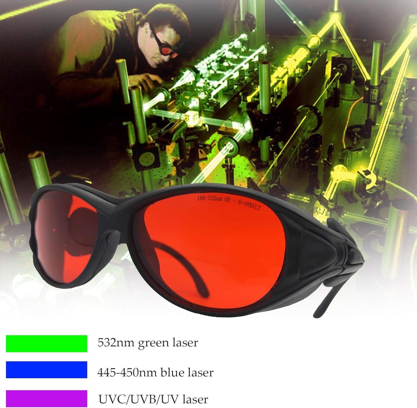 Laser Safety Goggles 532nm OD 6+ Professional 180nm-532nm Wavelength Violet/Blue/Green Laser Protective Glasses for 405nm, 445nm, 450nm,473nm 532nm Laser Fit Dazzling Lasers, Like Engraving Machines