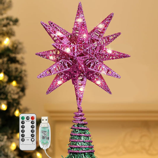 Lewondr USB Powered Christmas Tree Topper with Remote Control and Timer Function, Christmas Decoration with LED Light 3D Star Shape, Home Decoration, Christmas Items, Purple