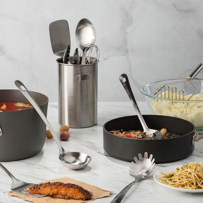 Stainless Steel Kitchen Utensil Set - 10 Piece Premium Non-Stick & Heat Resistant Kitchen Gadgets, Turner, Spaghetti Server, Ladle, Serving Spoons, Whisk, Tungs, Potato Masher and Utensil Holder