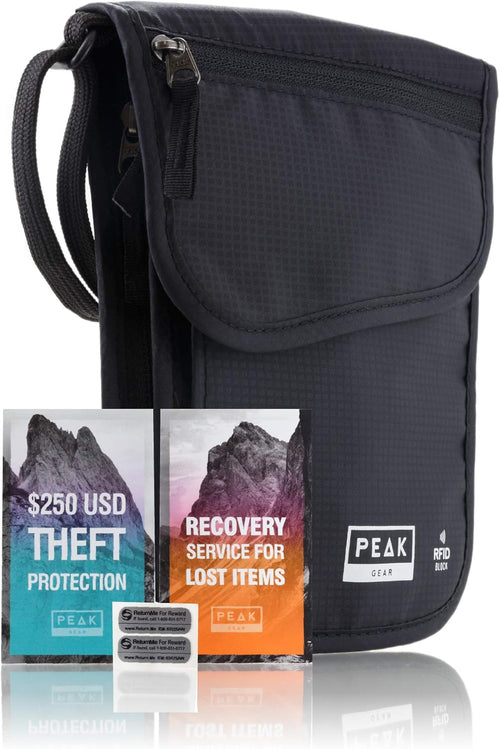 Peak Gear RFID Travel Pouch with Theft Protection and Lost & Found Service, Black, Single, With Strap