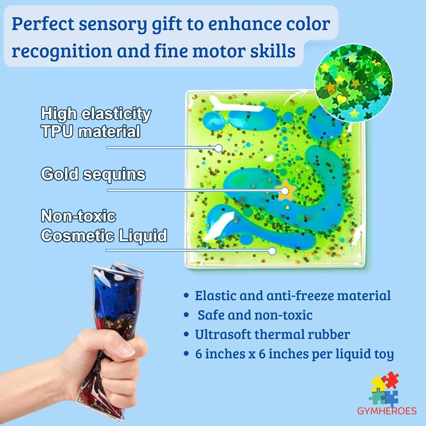 GYMHEROES Sensory Liquid Fidget Soft Gel Toys for Kids (Pack of 6), Anxiety Relief, Calming, Fine Motor Skills, Occupational Therapy Toys for Kids Ages 3+, Liquid Motion Sensory Play, Square Shape