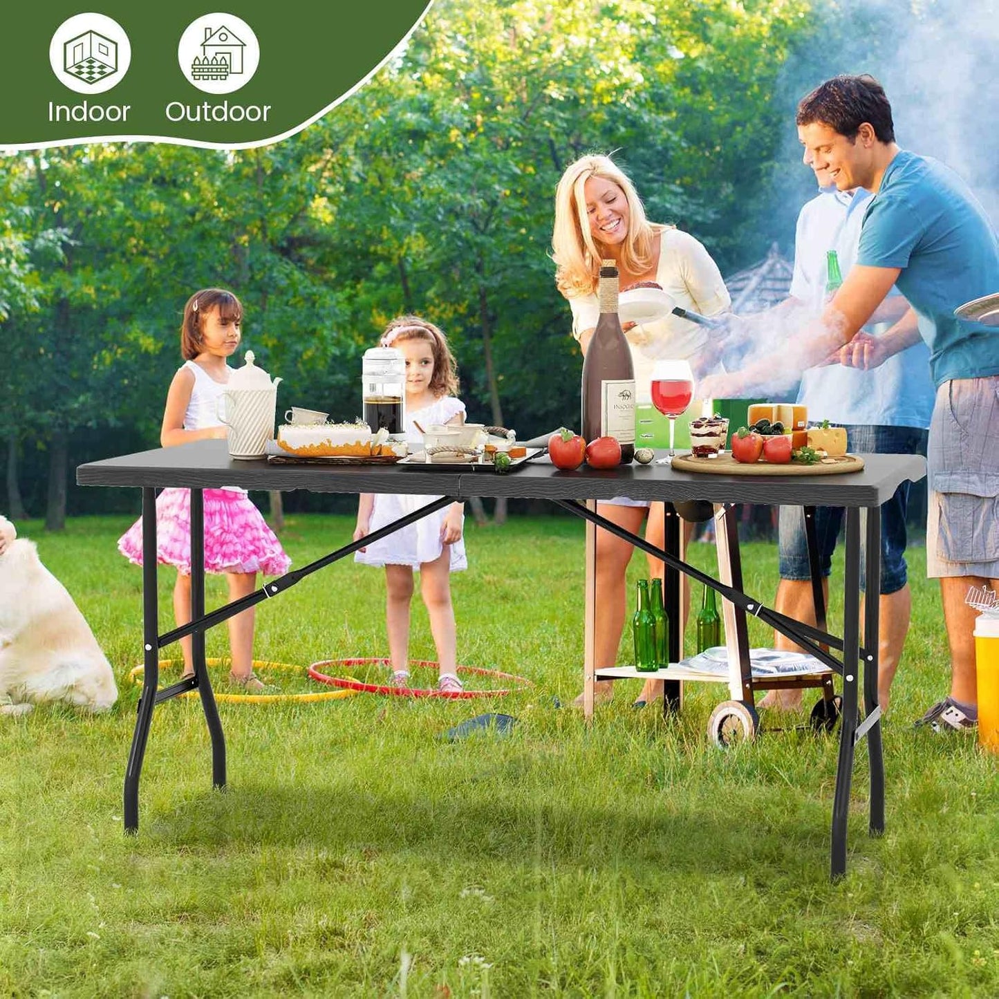 Costway 1.5m Folding Picnic Table, Outdoor Dining Table w/Wood Grain HDPE Tabletop, Sturdy Metal Fame, Non-Slip Foot Pads, 4-6 Person Camping Table for Patio Garden Deck Yard