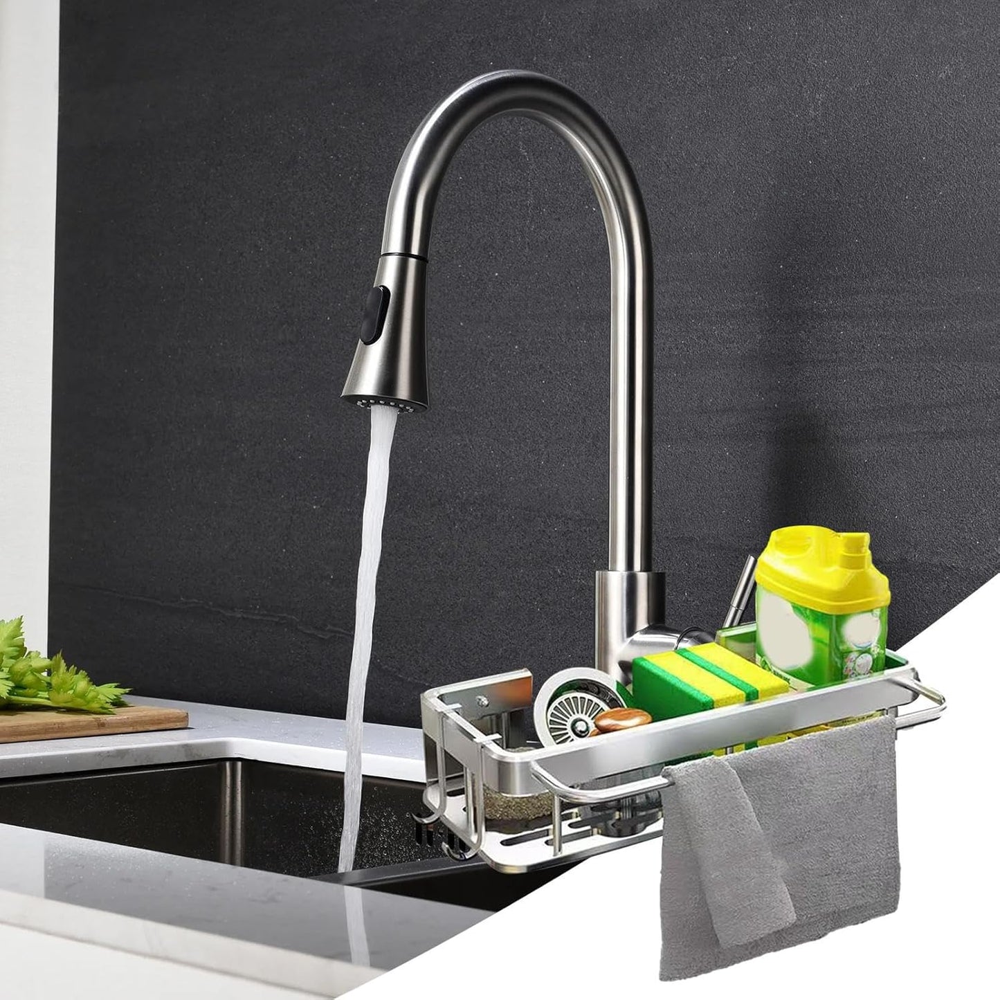 Gvblkq Kitchen Sink Organizer, Sponge Rack, No Drilling Installation, Compact Storage Basket, Brush Holder Design, Rust Resistant Material, for Sponges, Wipes, Cleaning Solution, 30.5x13x5.5cm