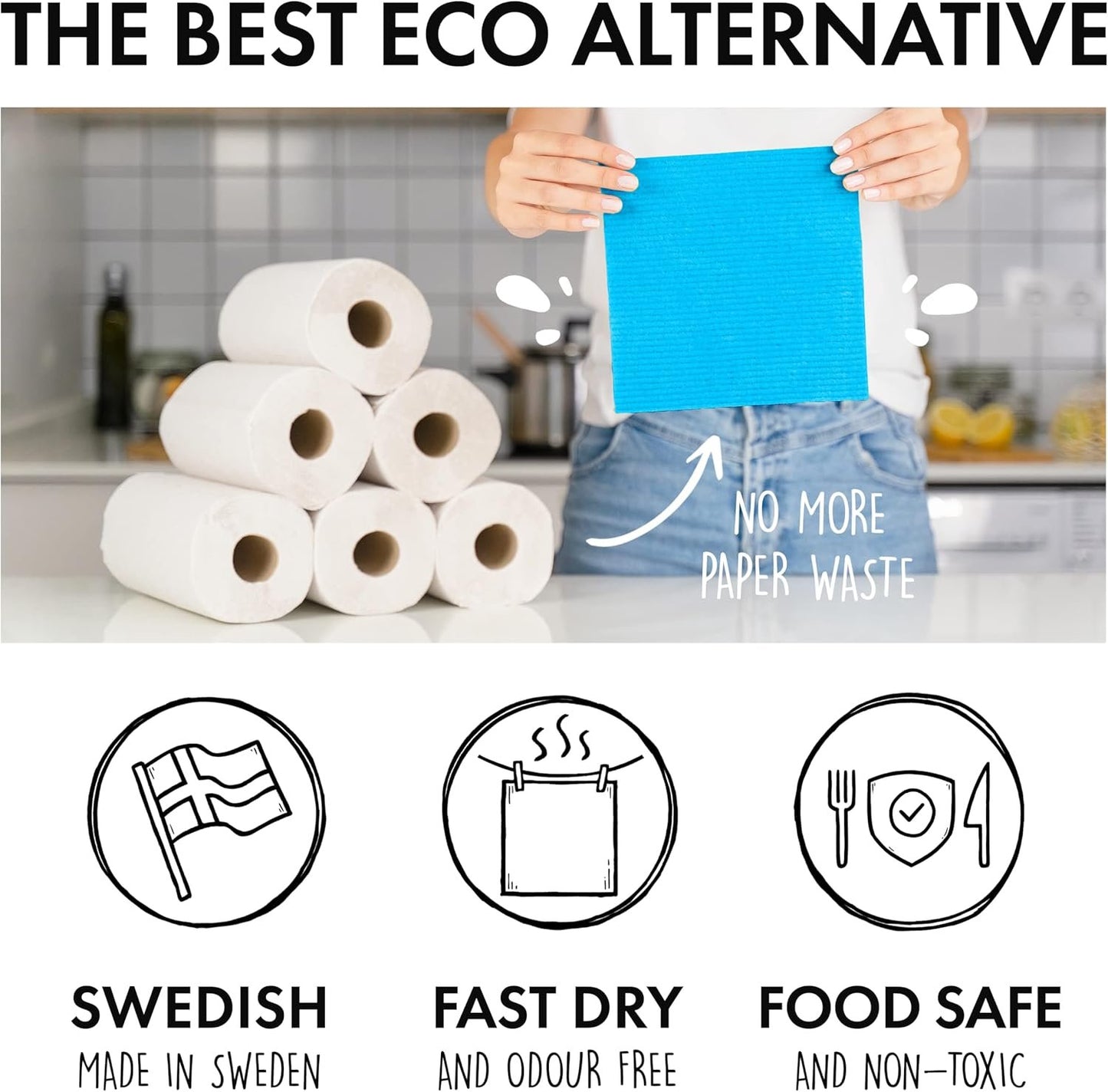 SUPERSCANDI 10 Pack Swedish Dishcloths for Kitchen - 100% Biodegradable & Compostable | Reusable Paper Towels Washable, Food-Safe & Without Plastic - Dish Rags for Any Surface | Pink, Green, Blue