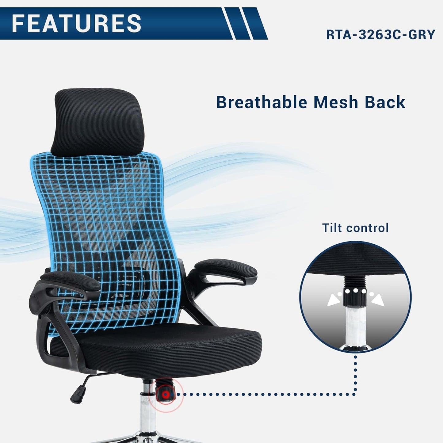 Techni Mobili Essential Ergonomic with Lumbar Support & Adjustable Headrest – Breathable Mesh Flip-Up Armrests, Durable Chrome Base Office Chair, Black