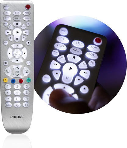 Backlit Universal Remote Control by Philips, Works for Samsung, Vizio, TCL, HiSense, Sony, RCA, Panasonic, Roku, Apple TV, Smart TVs, Streaming Players, Blu-Ray, DVD, 6-Device, Silver, SRP3016S/27