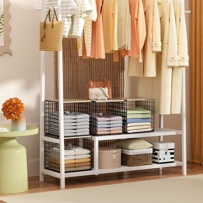 3PCS Stackable Closet Organizers and Storage, Shelves with Wood Top Extra Storage, Clothes Organizer Basket, Bin, or Tube for Wardrobe and Home Organization (Black-Sturdy Metal) Patent Pending