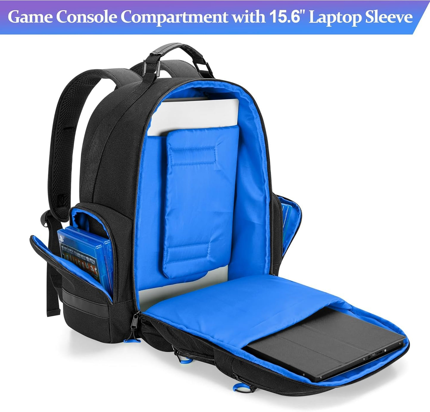 PGmoon Console Backpack Compatible with PlayStation 5/PS5 Slim/PS5 Pro, Travel Carrying Case Bag with Protective Liner, Fits 15.6’’ Laptop, Controllers and Most Gaming Accessories (Patent Design)