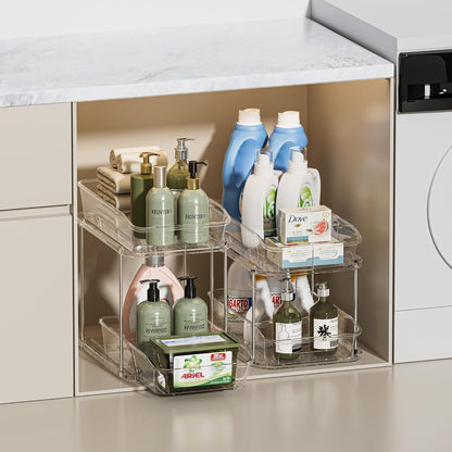 Delamu 2 Sets of 2-Tier Clear Under Sink Organizers and Storage, Multi-Purpose Stackable Bathroom Cabinet organizers, Pull Out Kitchen Pantry Organization and Storage with Dividers