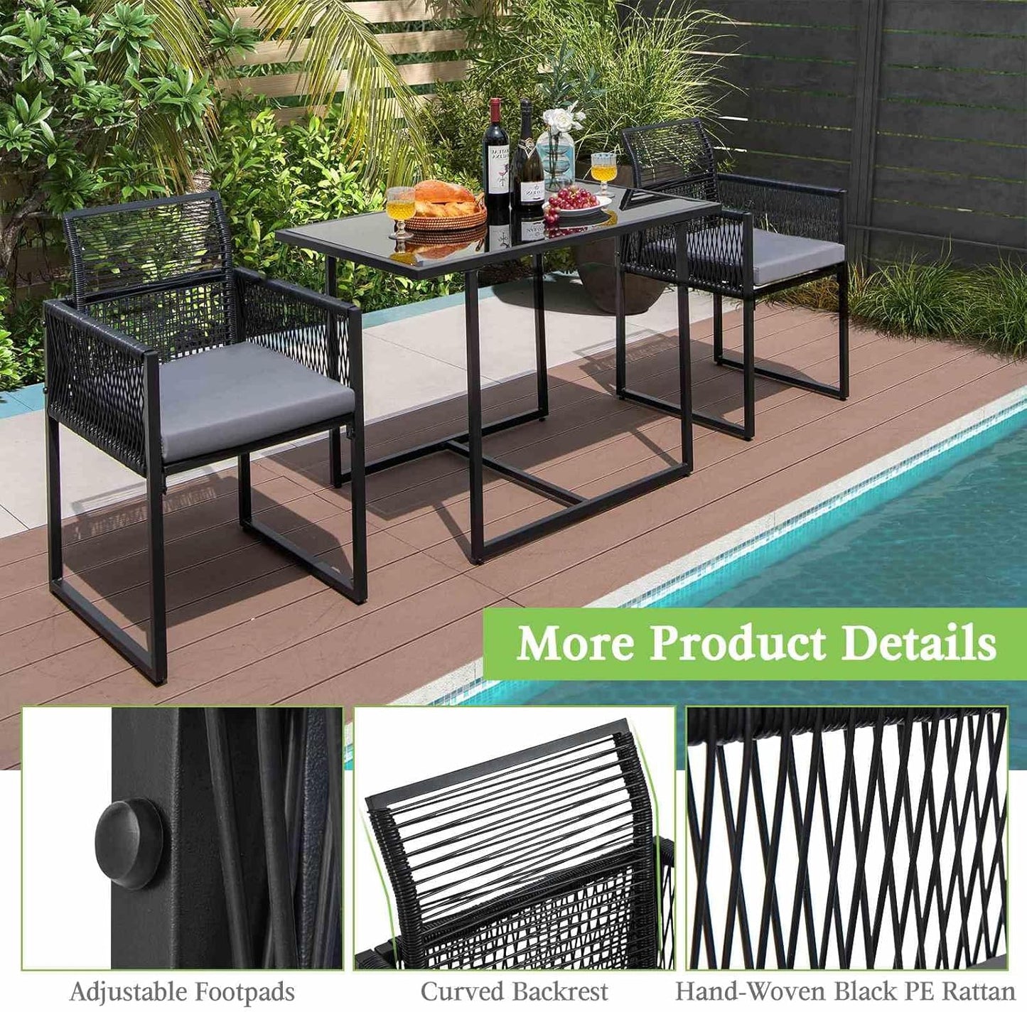 Costway 3 Pieces Outdoor Dining Set, Patio PE Rattan Furniture Set w/Folding Backrest, Cozy Seat Cushions, Tempered Glass Tabletop, Space-Saving Rattan Chair Table Set for Backyard, Poolside