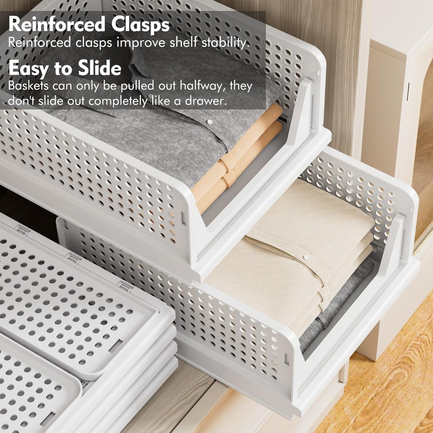 TidyIsles Wardrobe Storage Organiser - 4 Pack Folding Closet Organisers, Stackable Storage Boxes, Plastic Drawer Organiser Basket for Bedroom Kitchen Bathroom White