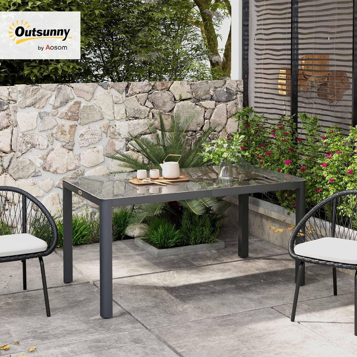 Outsunny Outdoor Dining Table for 6 People, 59" x 35" Rectangular Aluminum Patio Table with Tempered Glass Top and Height-Adjustable Feet for Garden, Balcony, Porch, Deck, Grey