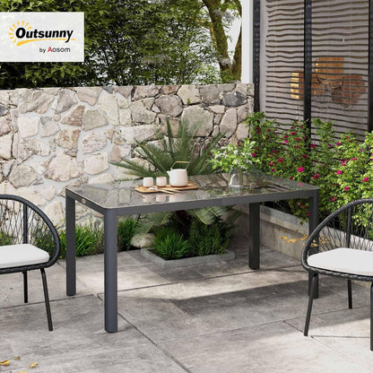 Outsunny Outdoor Dining Table for 6 People, 59" x 35" Rectangular Aluminum Patio Table with Tempered Glass Top and Height-Adjustable Feet for Garden, Balcony, Porch, Deck, Grey