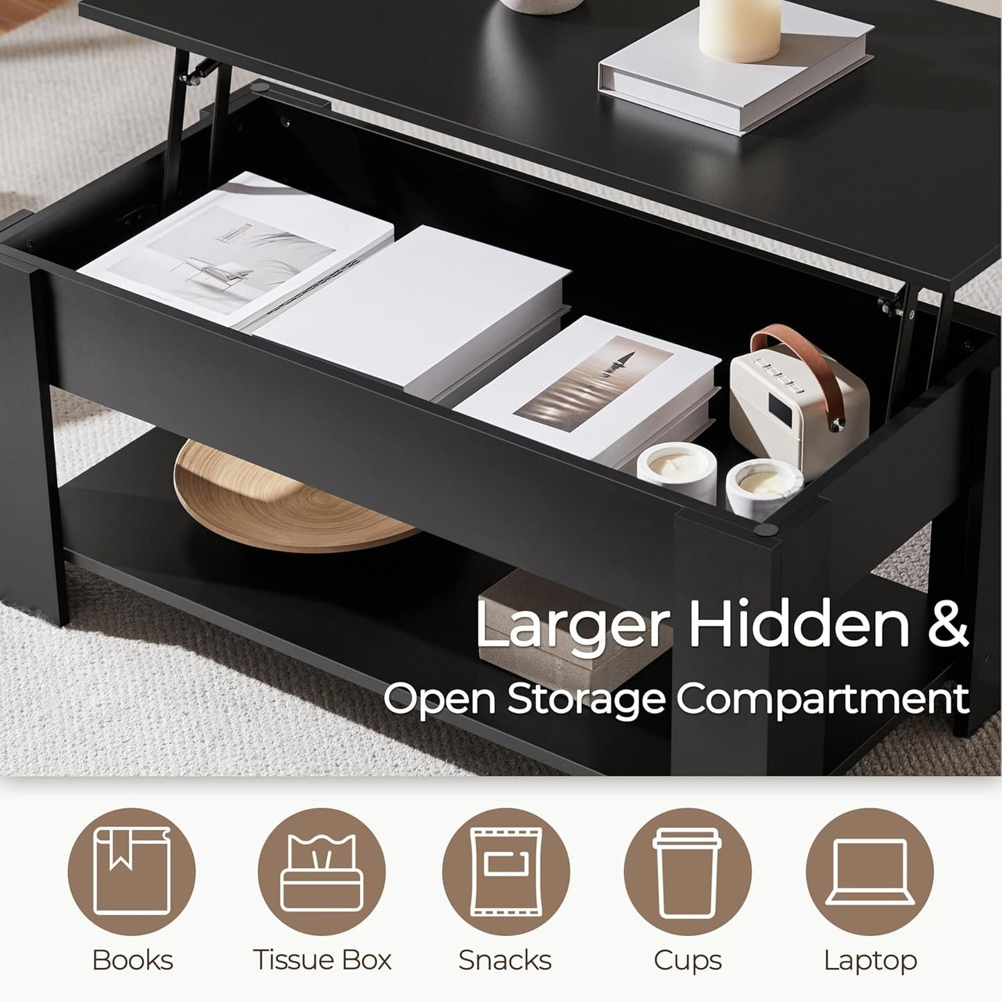Yaheetech Lift Top Coffee Table with Hidden Compartment and Storage Shelf, Rising Tabletop Dining Table for Living Room Reception Room, 98cm L, Black