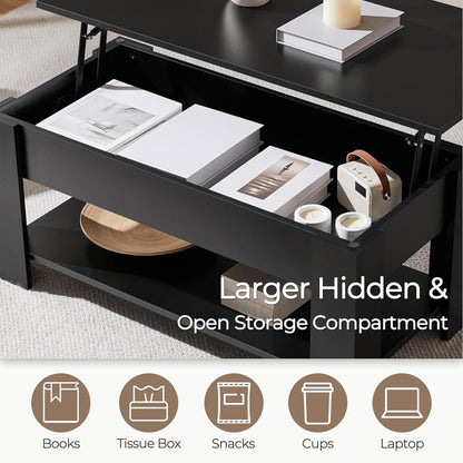 Yaheetech Lift Top Coffee Table with Hidden Compartment and Storage Shelf, Rising Tabletop Dining Table for Living Room Reception Room, 98cm L, Black