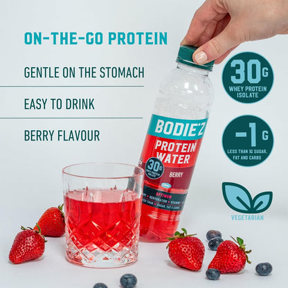 BODIE’Z Optimum 30g Whey Protein Water - Pre-Mixed Protein Powder Drink Less than 1g Sugar Fat and Carbs, 11 Vitamins and Minerals, Supplement for Lean Muscle Growth and Recovery, 500ml Berry 6 Pack