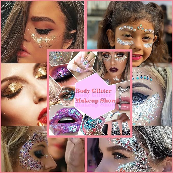 Body Glitter Face Glitter Gel: Singer Concerts Disco Festival Rave Accessories Face Glitter Makeup 150ml Chunky Sequins Mermaid Face Body Hair Glitter Gel (White&Pink&Rose&Lake Blue&Orange)
