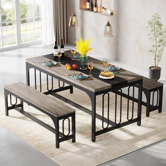 Tribesigns Dining Table with 2 Benches for Living Room, Kitchen, Grey