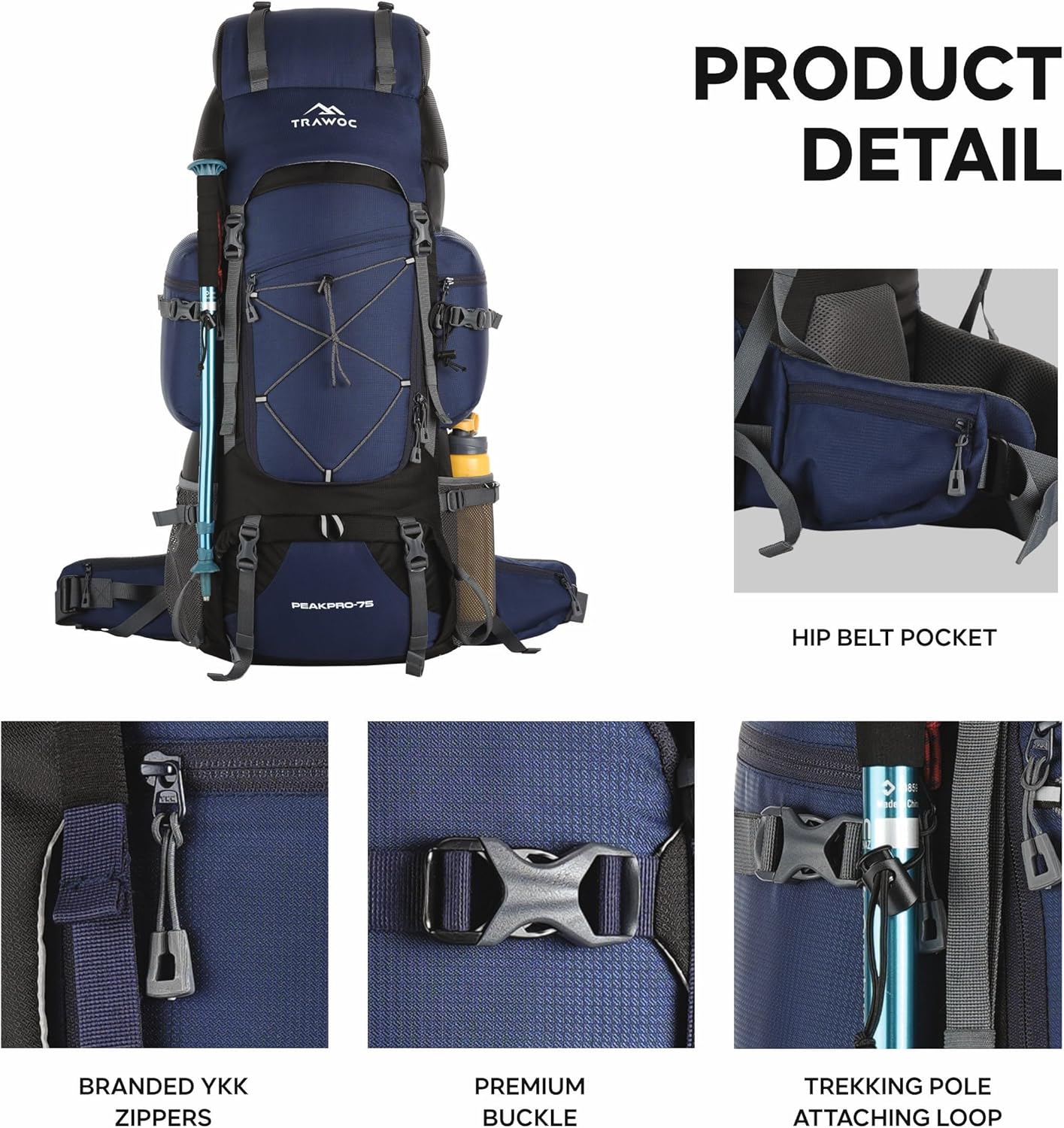 TRAWOC PEAKPRO 75 Liter Travel Backpack for Hiking Trekking Bag Camping Rucksack with Laptop Compartment/Rain Cover/Shoe Compartment
