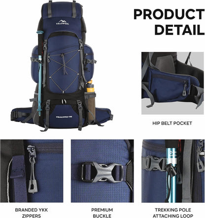 TRAWOC PEAKPRO 75 Liter Travel Backpack for Hiking Trekking Bag Camping Rucksack with Laptop Compartment/Rain Cover/Shoe Compartment