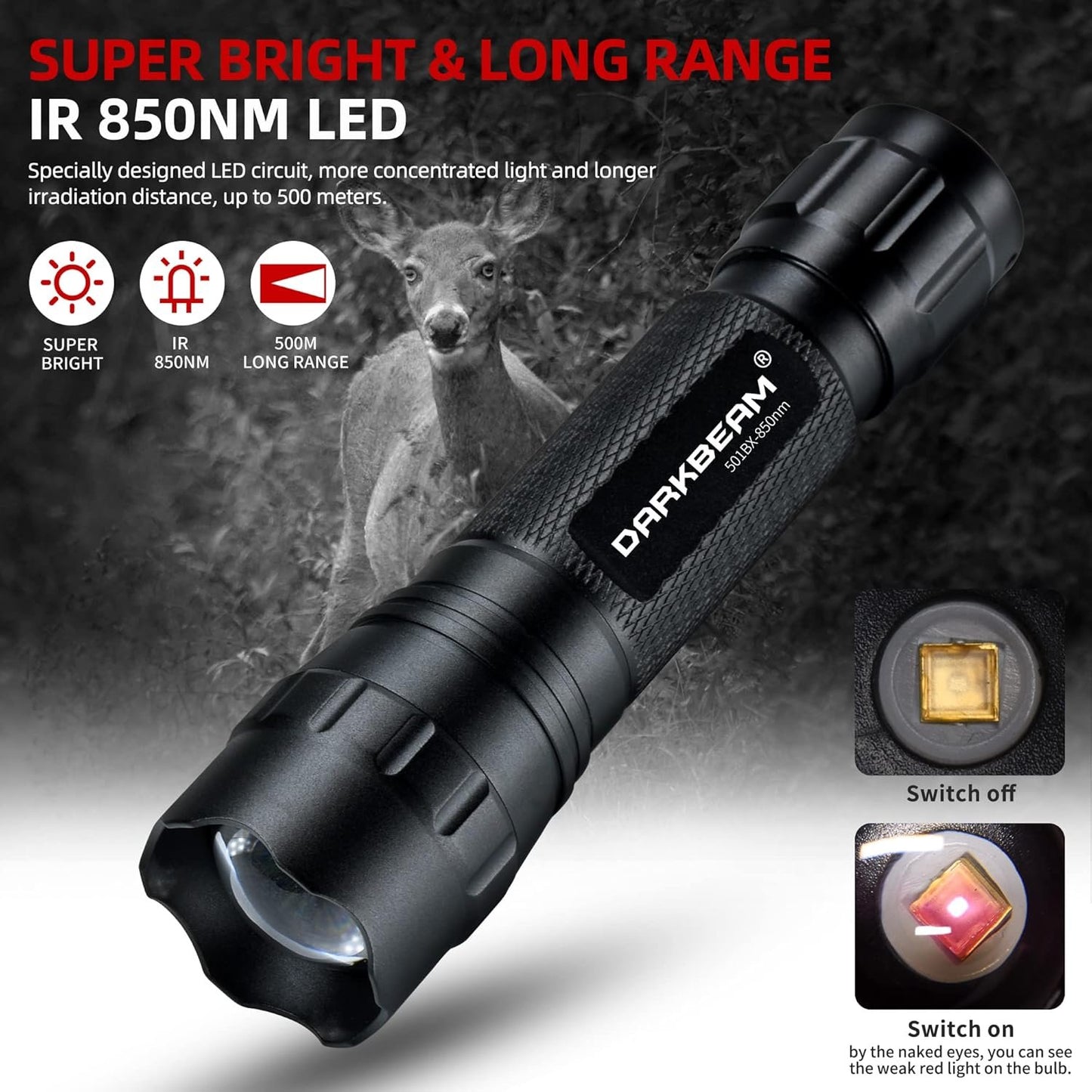 DARKBEAM ir Flashlight Infrared 850nm Light LED Rechargeable Mini for Night Vision, Tactical ir Illuminator with Long Range & High Power, Focus Adjustable for Hunting, Observation, Search