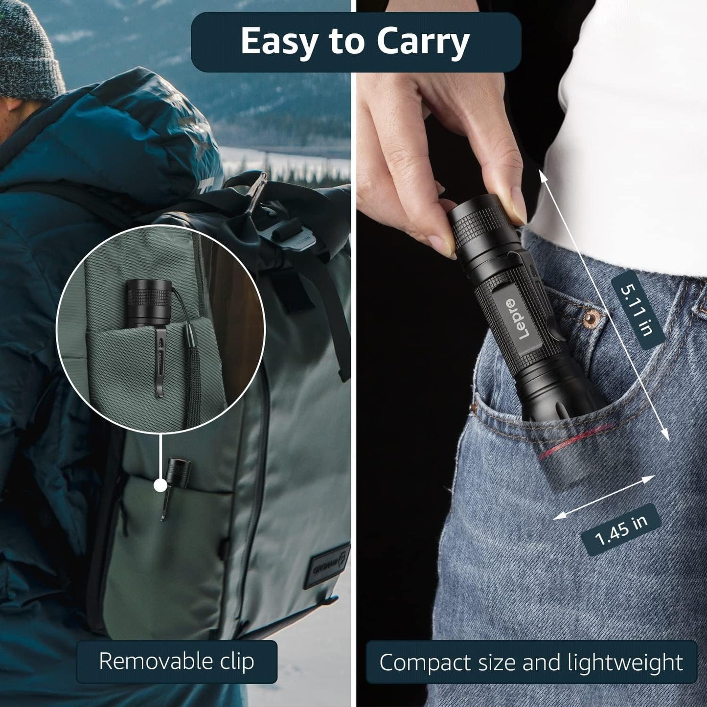 Lepro Tactical Flashlight, Led Flashlight Gifts for Men, 5 Lighting Modes Flashlights, Zoomable, Waterproof, Powered by 3 AAA Batteries, Rechargeable Flashlight for Camping Emergency 2Pack