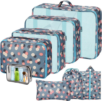 Sarsumir Travel Suitcase Organizer, 8 Pieces Packing Cubes Organizer Suitcase Travel Organizer with Waterproof Bags Toiletry Clothes Shoes, Blue Flower