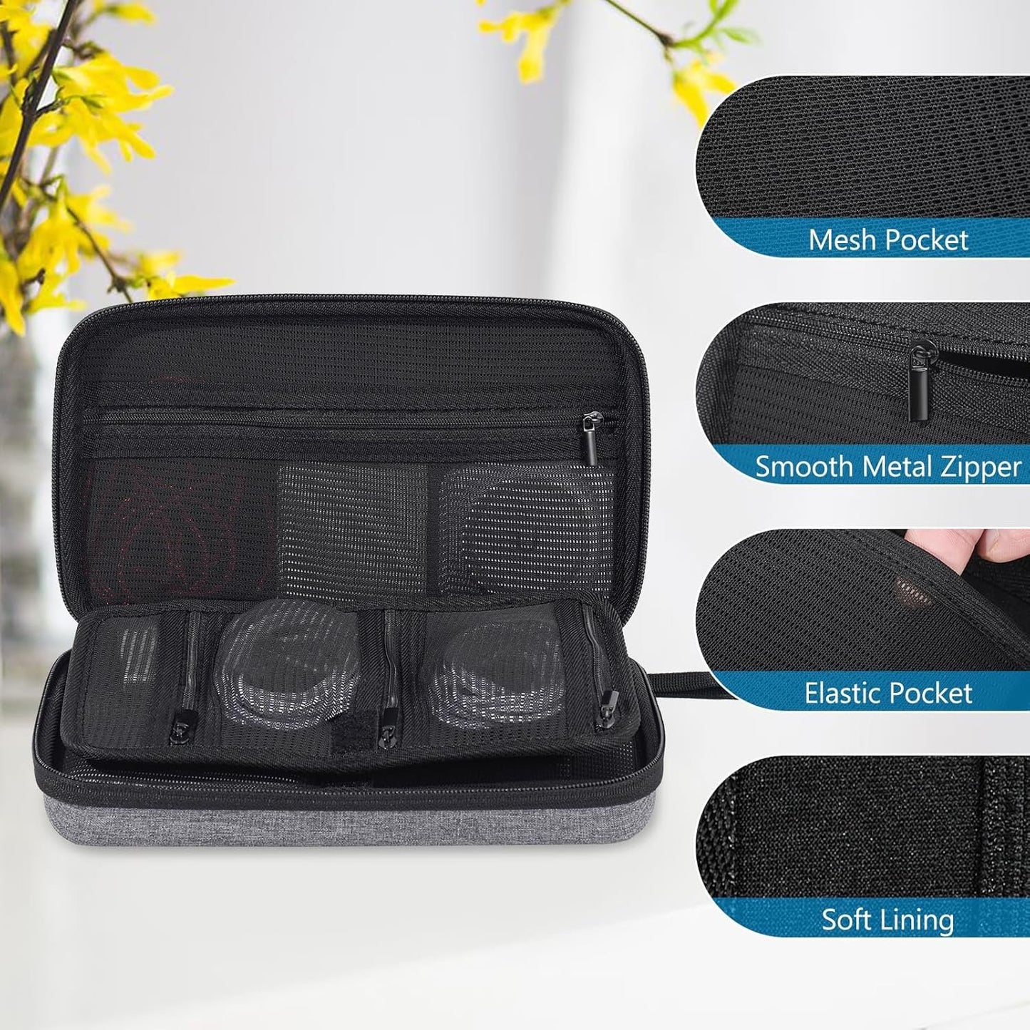 ProCase Hard Travel Tech Organizer Case Bag for Electronics Accessories Charger Cord Portable External Hard Drive USB Cables Power Bank SD Memory Cards Earphone Flash Drive â€“Grey
