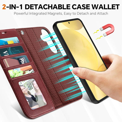 TUCCH Case for Galaxy S25 (6.2") 2025 5G, [Removable] 2 in 1 Wallet Stand Cover with[Wrist Strap][RFID Blocking][Wireless Charging][Card Holders] Shockproof Magnetic PU Leather Folding Case, Dark Red