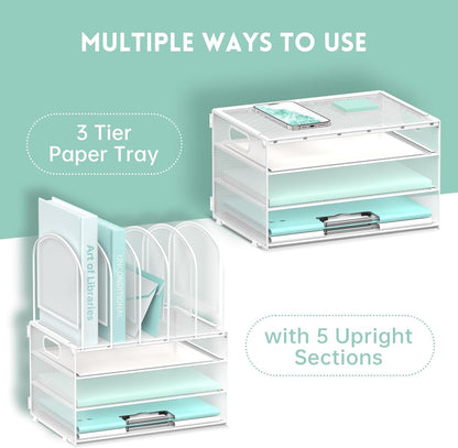 DALTACK Desk Organizer with Vertical File Holder, 3 Tier Desktop Organizer with 5 File Folder Holders and Handles, Desk Organizers and Accessories for Home Office Organization, Metal Mesh, White